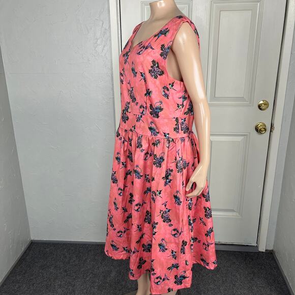 Lindy Bop Womens Dress 14 Fit Flare Pockets Retro Pinup Bird Dove Floral V3-21 - Picture 3 of 8